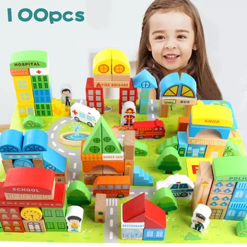 100 De Bucăți Jucării Pentru Copii City Scene De Trafic Formă Geometrică Blocurile De Învățământ Devreme De Jucării Din Lemn Pentru Copii Cadou De Ziua De Nastere