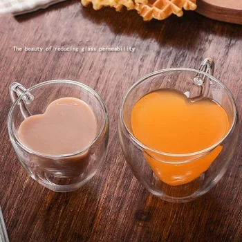 Creative dublu-strat de sticlă borosilicată mare ceașcă de ceai, două în formă de inimă ceașcă de cafea, de uz casnic lapte, ceai, suc de cupa cu mâner