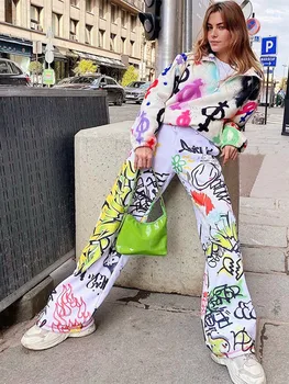 Graffiti Imprimare Femeie Pantaloni Oversize Casual Streetwear Femei Bottoms Pantaloni Cu Talie Înaltă Cordon Pantaloni De Trening Y2k Pantaloni Codrin