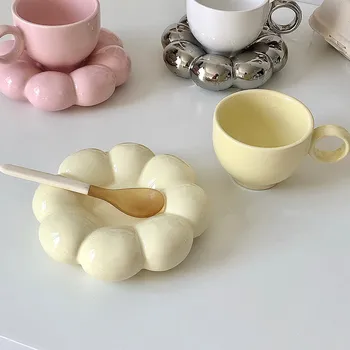 Nordic Floare Roz Din Ceramica Cana De Cafea Farfurie Reutilizabile Creative Drăguț Acasă Decorative Mic Dejun Cafea Cu Lapte Ceai Lapte Set De Ceasca Cuplu Cadou