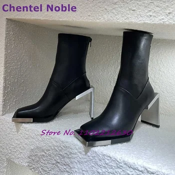 Pătrat De Metal Toc Cizme Scurte Deget De La Picior Pătrat De Mozaic Din Piele Neagra Cu Fermoar Ankle Boots New Sosire Moda Unic Pentru Femei Pantofi De Petrecere