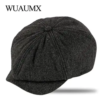 Wuaumx Retro Toamna Iarna Octogonal Pălării Tweed Vânzător De Ziare Capace Bărbați Negru Pictori Pălării, Berete Spic Capace Plate En-Gros