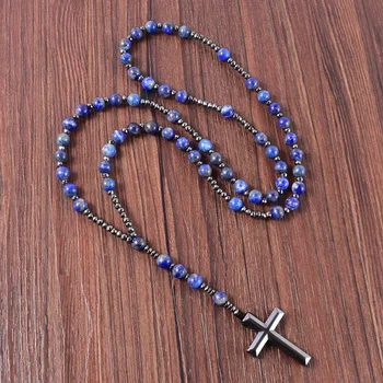 8mm Natural Lapis Lazuli Cu Hematit Colier Pandantiv Cruce Catolică Hristos Mens Rozariul Coliere Bijuterii Picătură de transport maritim