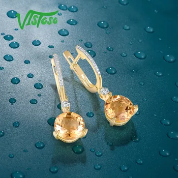 VISTOSO Reale 14K 585 Aur Galben Cercei Pentru Femei strălucitor Diamant Citrin Rotund Marionetă Simplu Delicate Bijuterii Fine